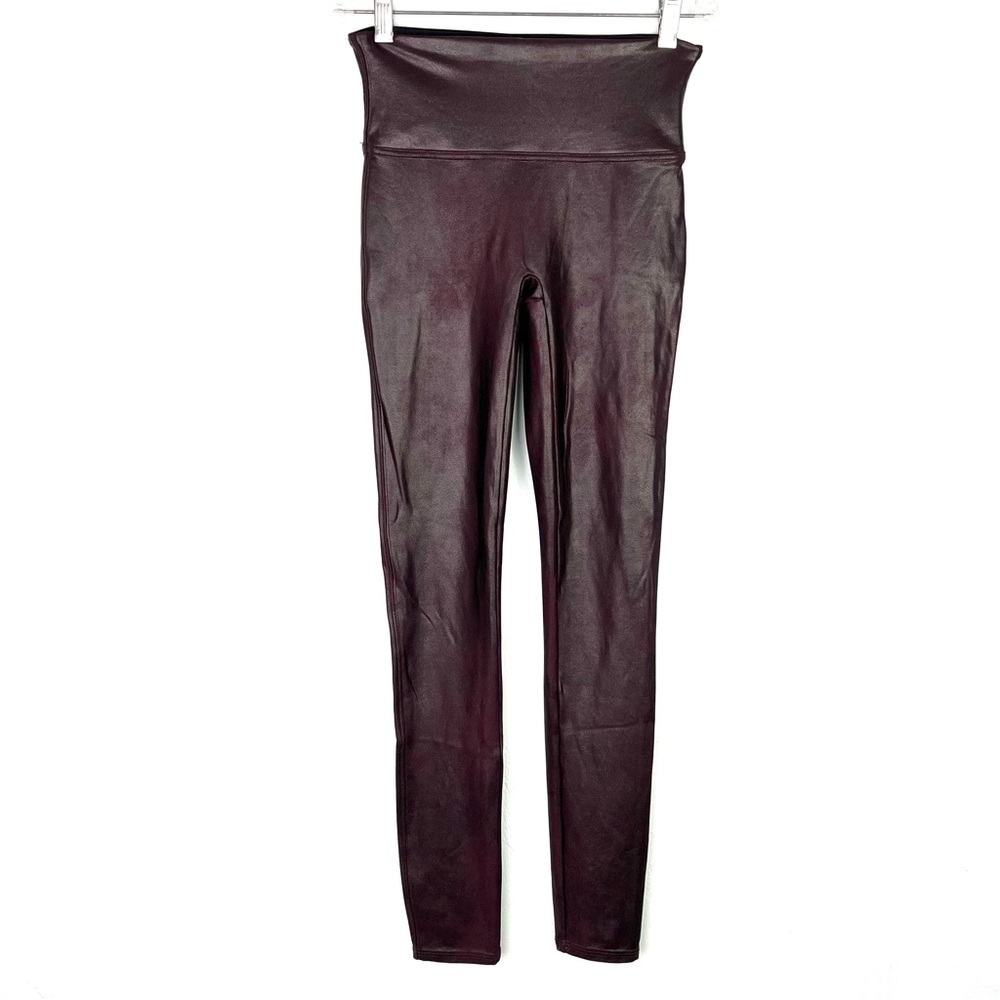 SPANX Oxblood Burgundy Metallic Sheen Faux Leather Compression Leggings small - Picture 3 of 7